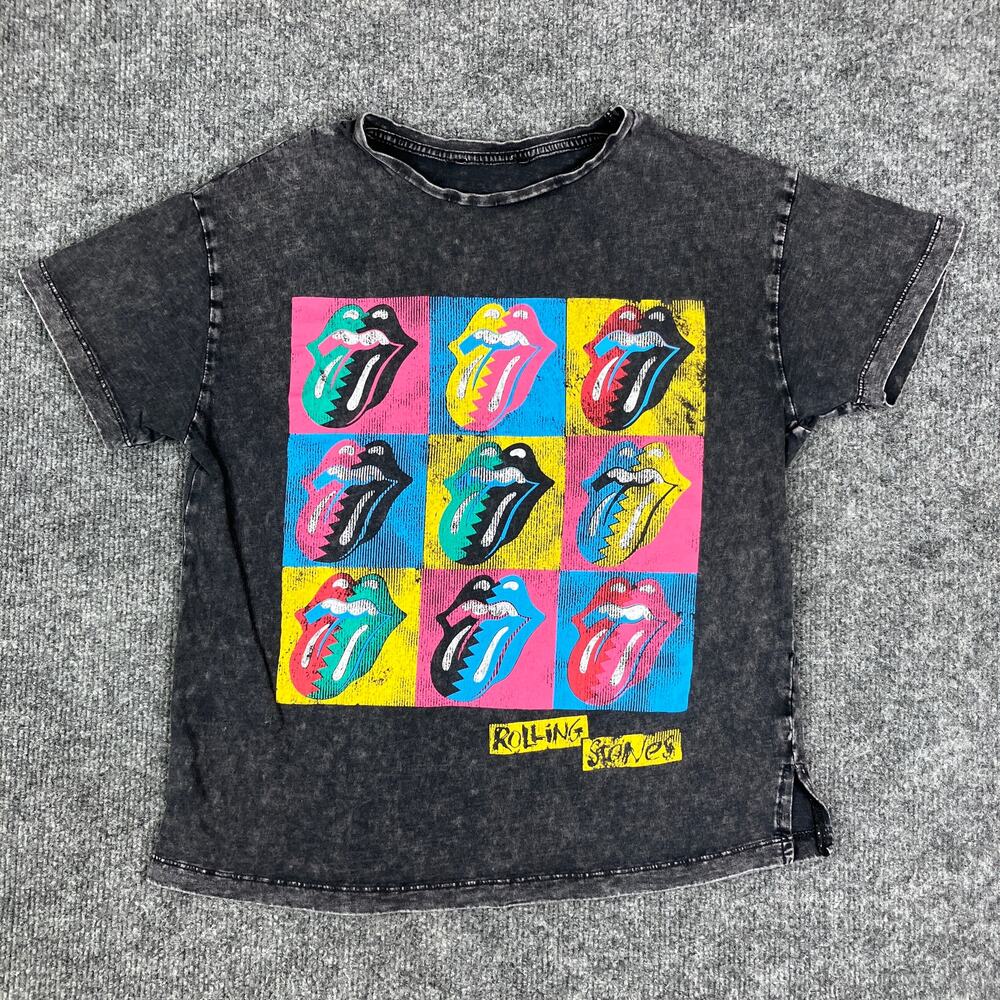 Rolling Stones T-Shirt Womens Size S Black Pop Art‎ Lips Graphic Distressed